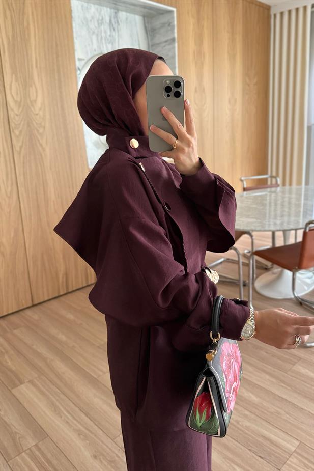 Omuz Düğmeli Trenç Takım - Bordo