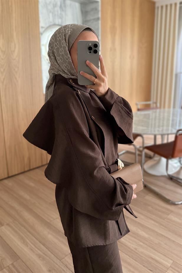 Omuz Düğmeli Trenç Takım - Kahverengi