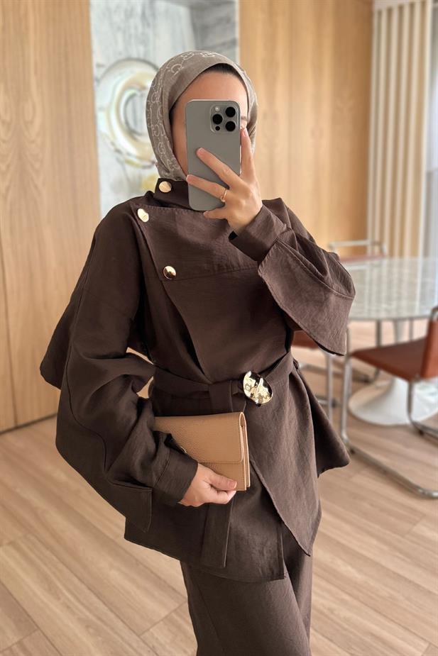 Omuz Düğmeli Trenç Takım - Kahverengi