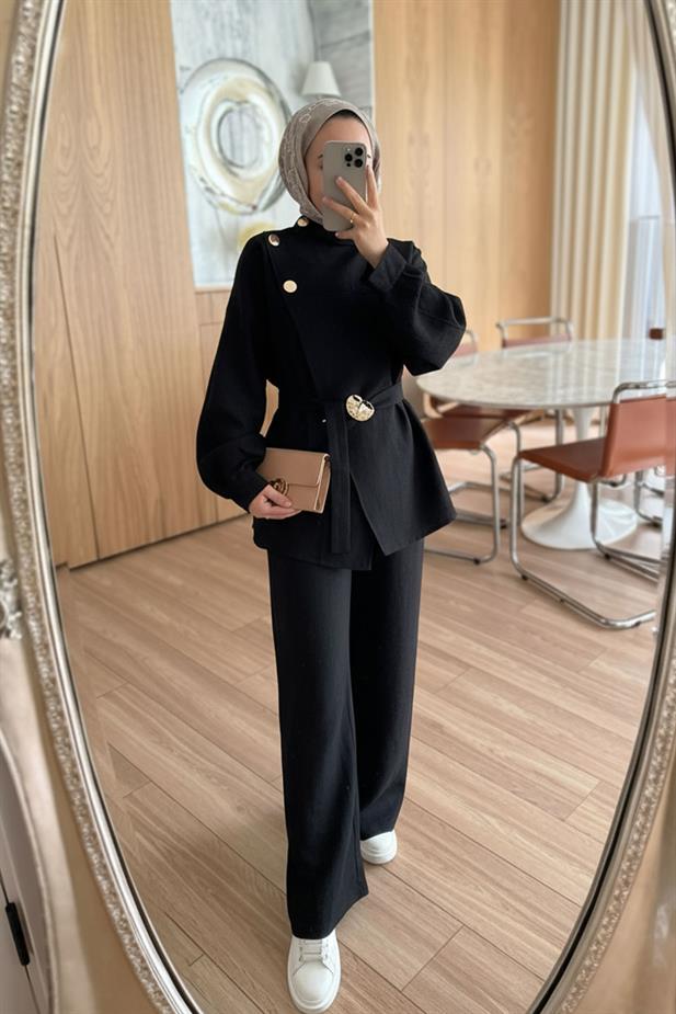 Omuz Düğmeli Trenç Takım - Siyah