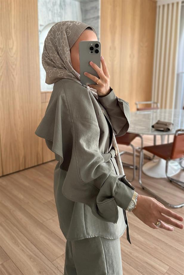 Omuz Düğmeli Trenç Takım - Yeşil