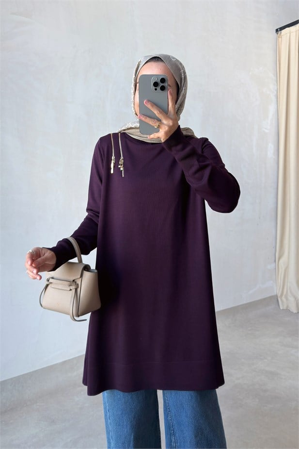 Omuz Fermuarlı Merserize Tunik - Mürdüm