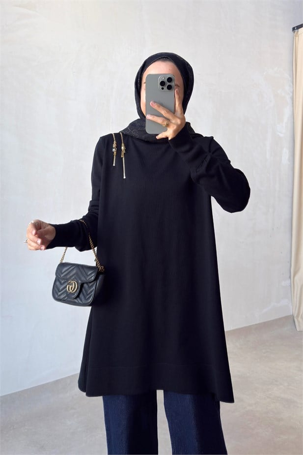 Omuz Fermuarlı Merserize Tunik - Siyah