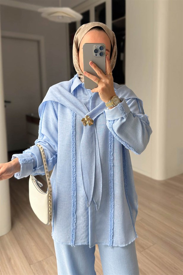 Omuz Fular Detaylı 3lü Takım - Bebe Mavi