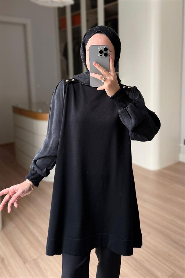 Omzu Düğmeli Yarım Balıkçı Merserize Tunik - Siyah
