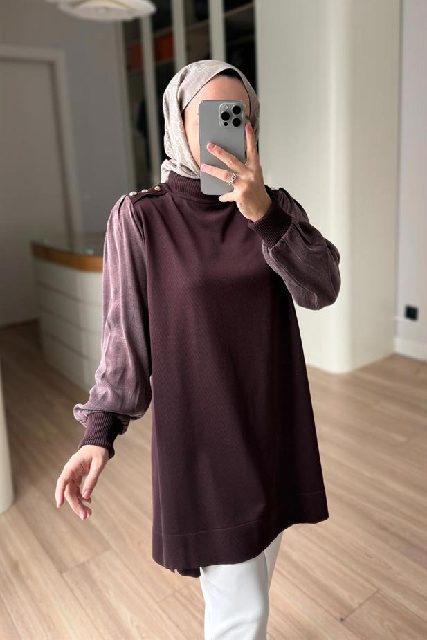 Omzu Düğmeli Yarım Balıkçı Merserize Tunik - Kahverengi