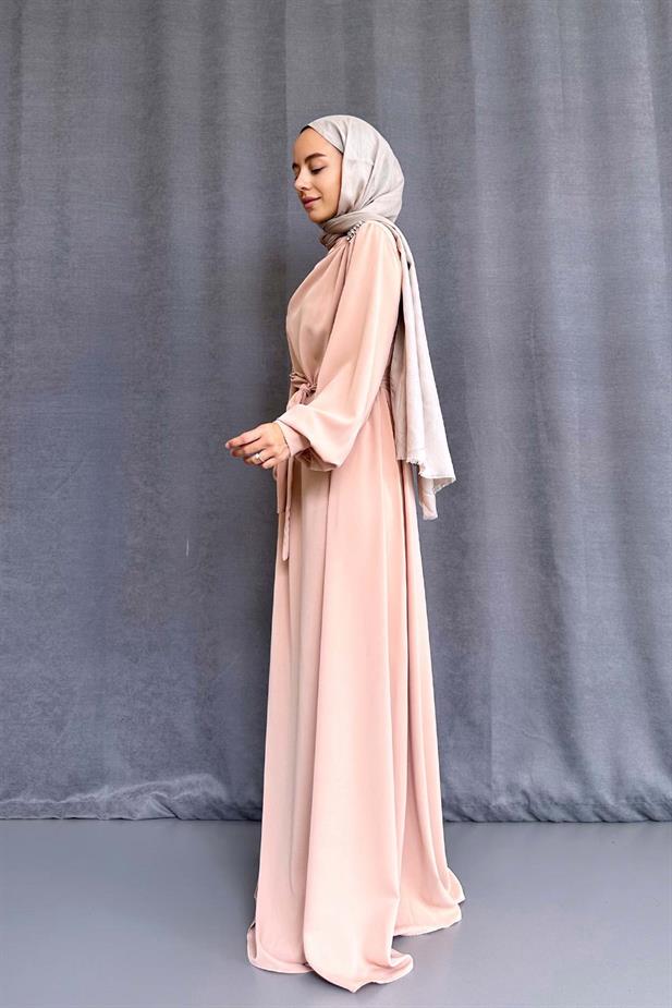 Omzu Taşlı Abiye - Bej