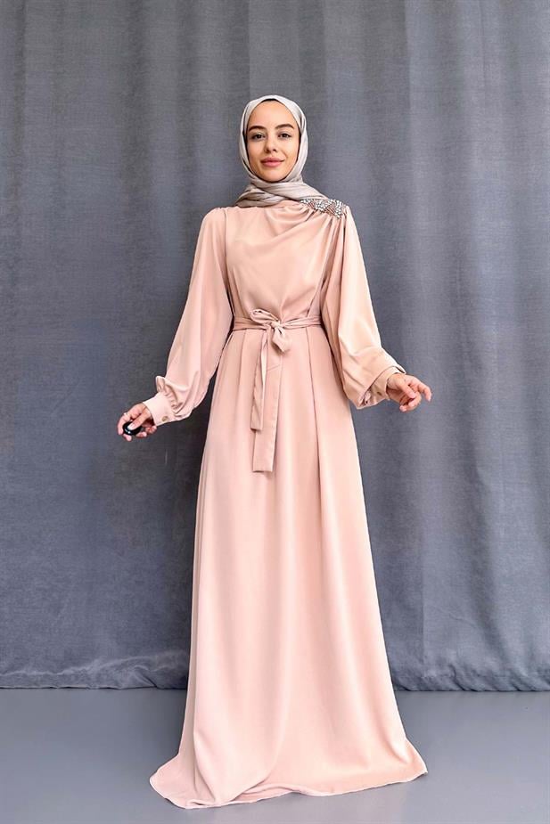 Omzu Taşlı Abiye - Bej