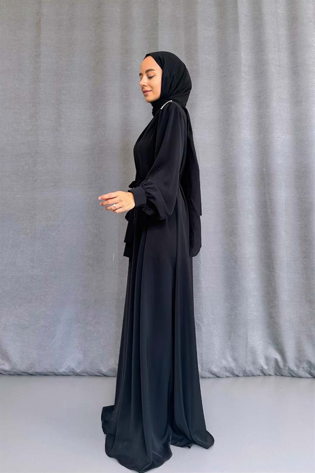 Omzu Taşlı Abiye - Siyah