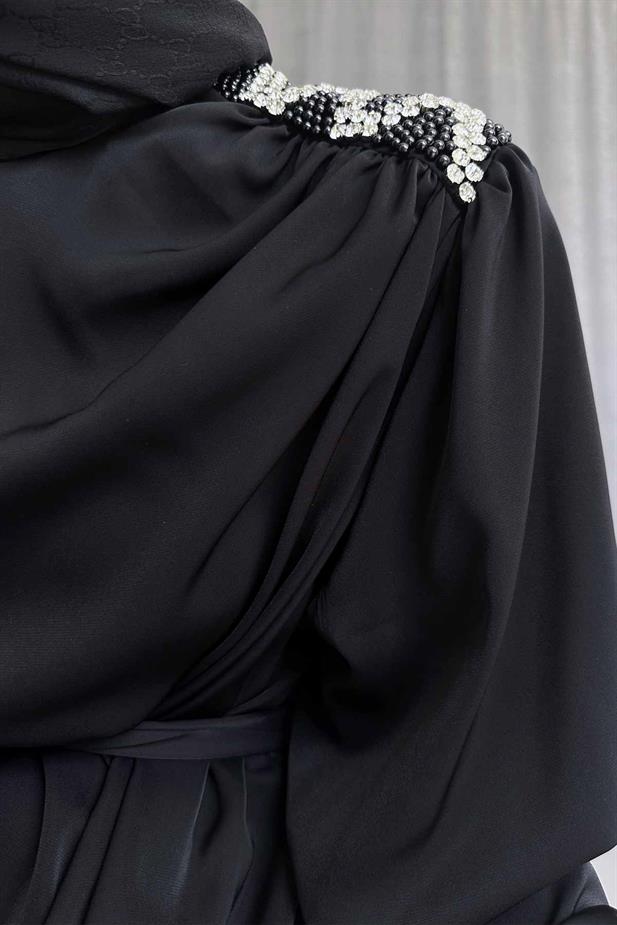 Omzu Taşlı Abiye - Siyah