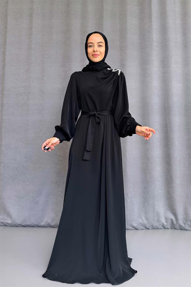 Omzu Taşlı Abiye - Siyah