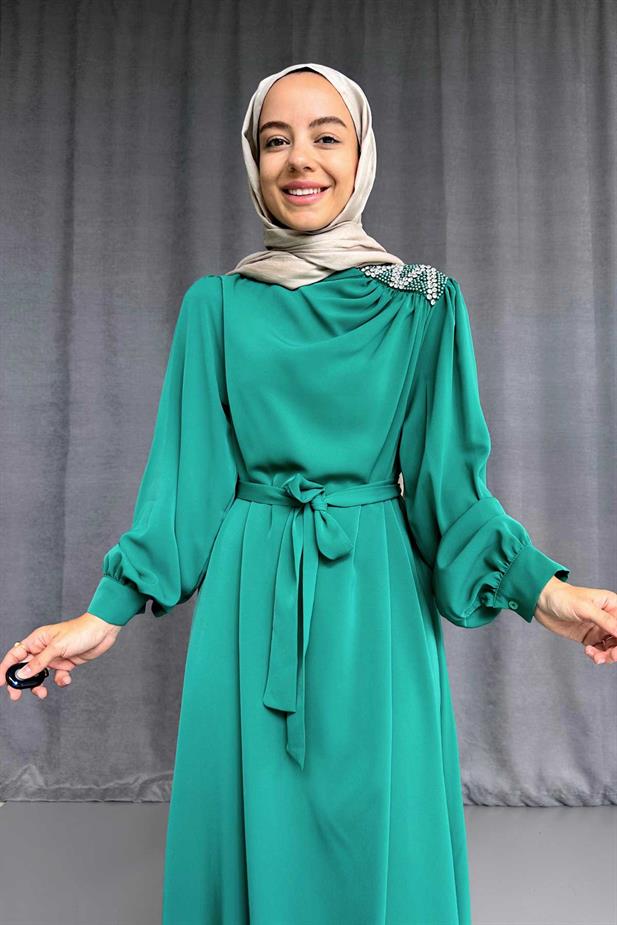 Omzu Taşlı Abiye - Yeşil
