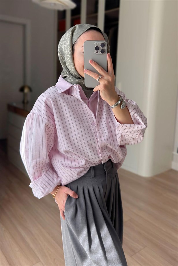 Önü Katlı Çizgili Gömlek - Pembe