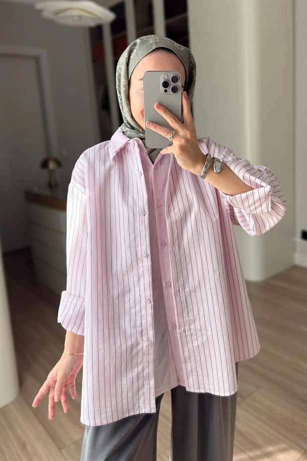 Önü Katlı Çizgili Gömlek - Pembe