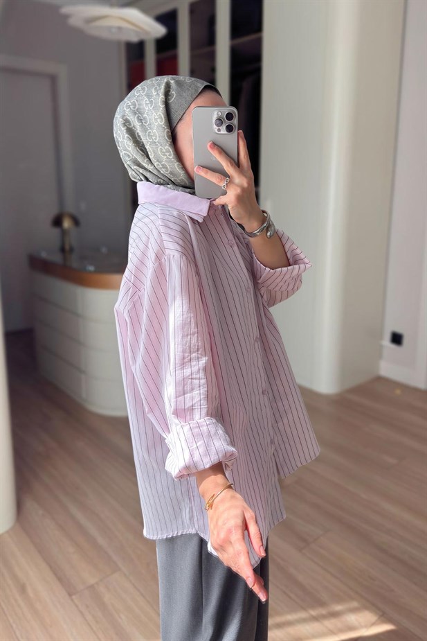 Önü Katlı Çizgili Gömlek - Pembe