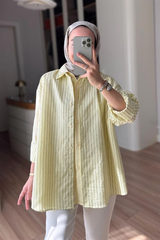 Önü Katlı Çizgili Gömlek - Sarı