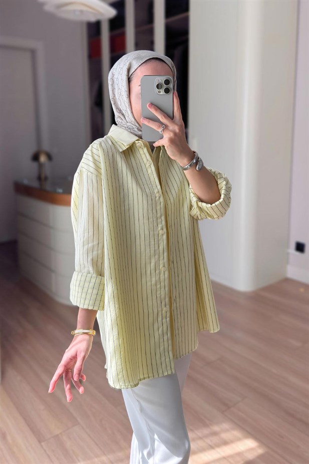 Önü Katlı Çizgili Gömlek - Sarı