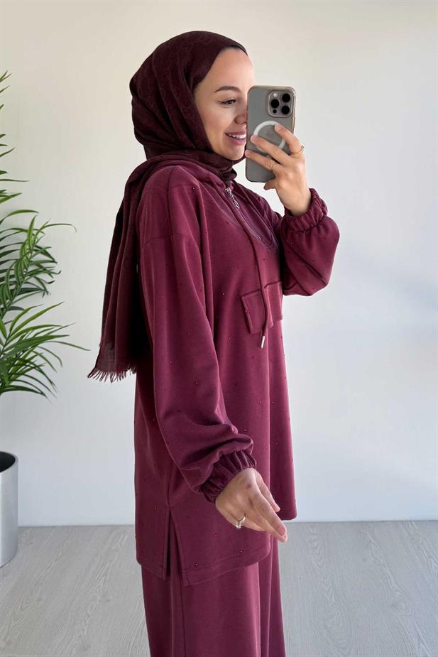 Önü Taşlı Oysh Kumaş İkili Takım - Bordo