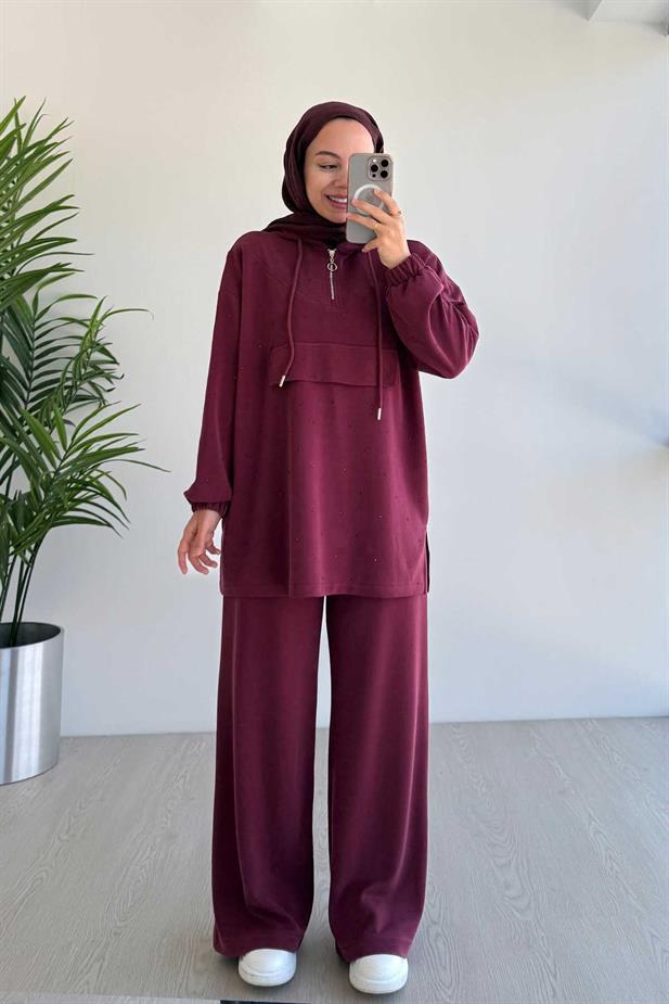 Önü Taşlı Oysh Kumaş İkili Takım - Bordo