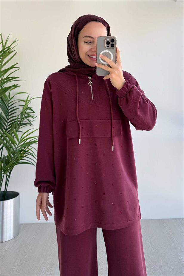Önü Taşlı Oysh Kumaş İkili Takım - Bordo