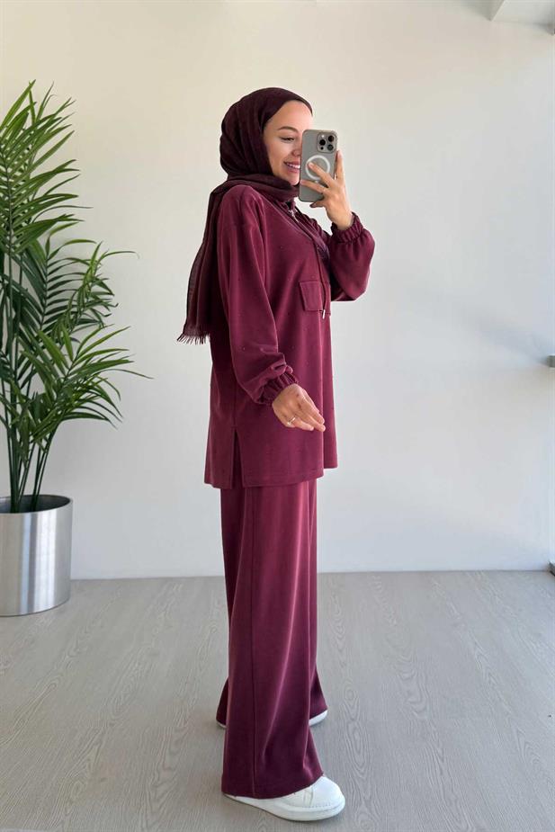 Önü Taşlı Oysh Kumaş İkili Takım - Bordo