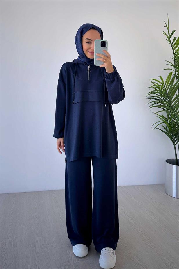 Önü Taşlı Oysh Kumaş İkili Takım - Lacivert