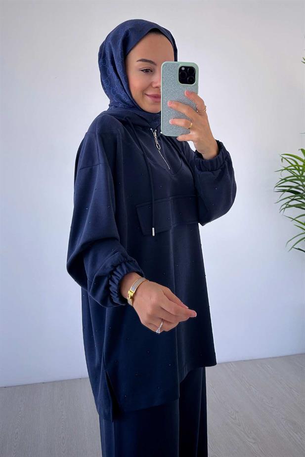 Önü Taşlı Oysh Kumaş İkili Takım - Lacivert