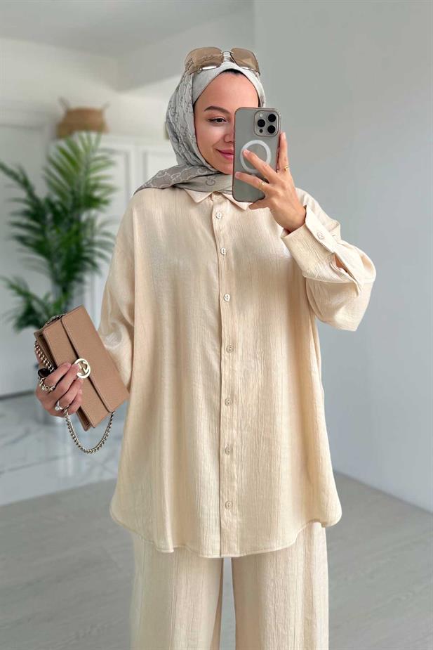 Parlak Dokulu Bol Kesim İkili Takım - Bej