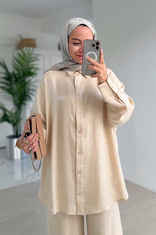 Parlak Dokulu Bol Kesim İkili Takım - Bej