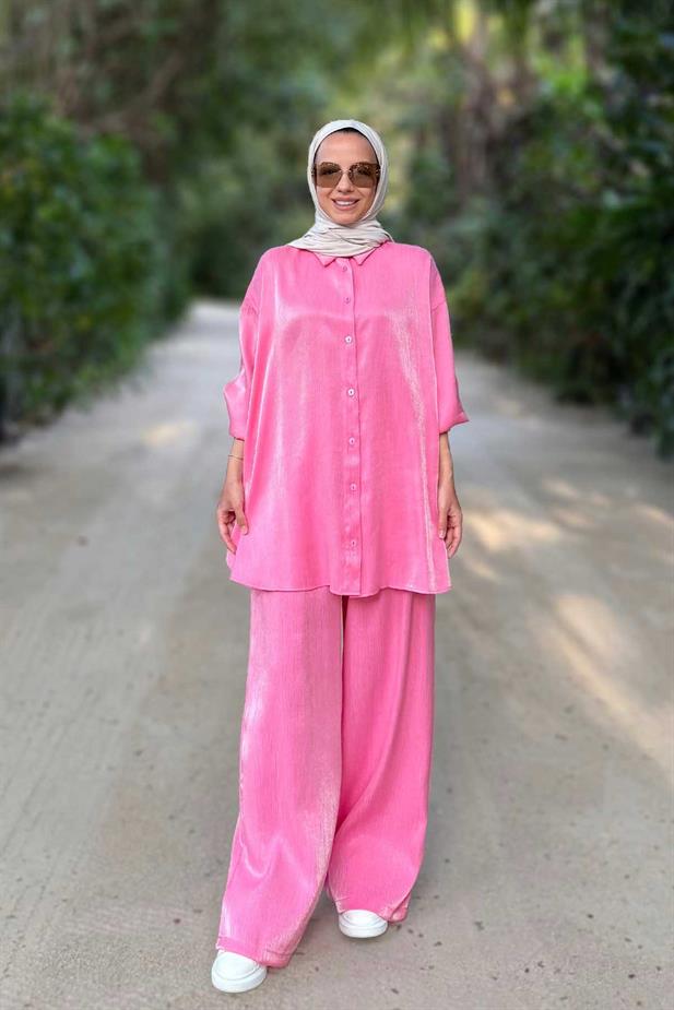 Parlak Dokulu Bol Kesim İkili Takım - Pembe