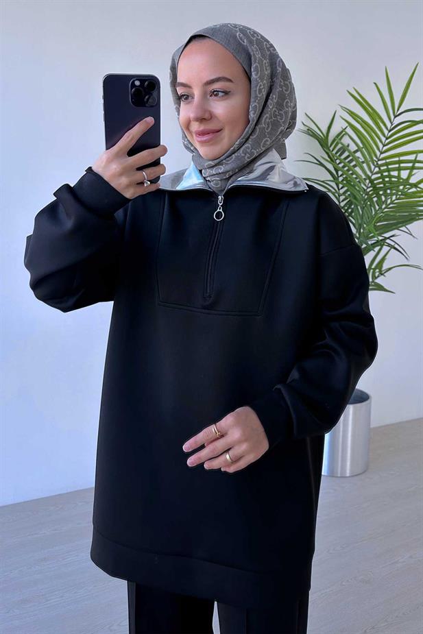 Parlak Yaka Detaylı Scuba Takım - Siyah