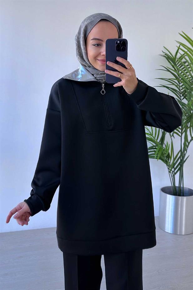 Parlak Yaka Detaylı Scuba Takım - Siyah