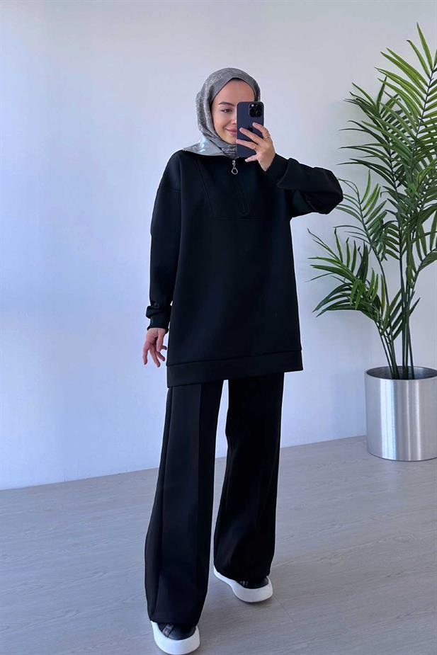 Parlak Yaka Detaylı Scuba Takım - Siyah