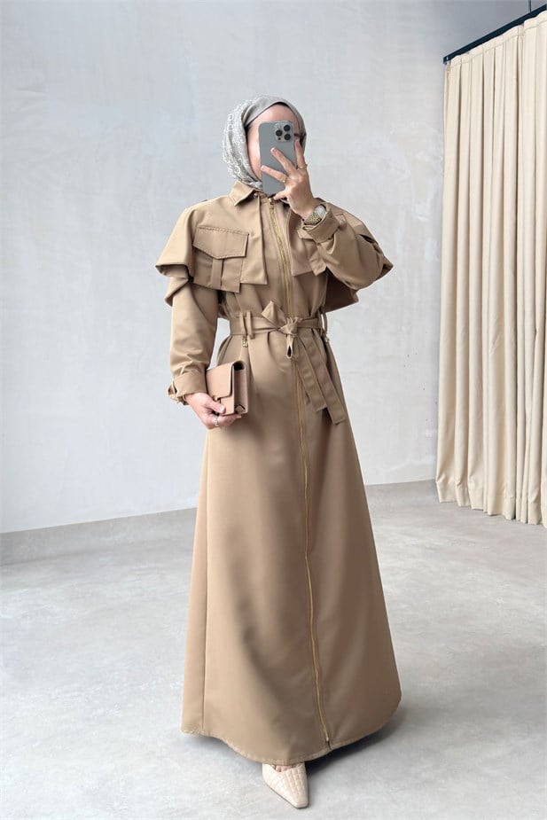 Pelerin Detay Trenç Elbise - Camel