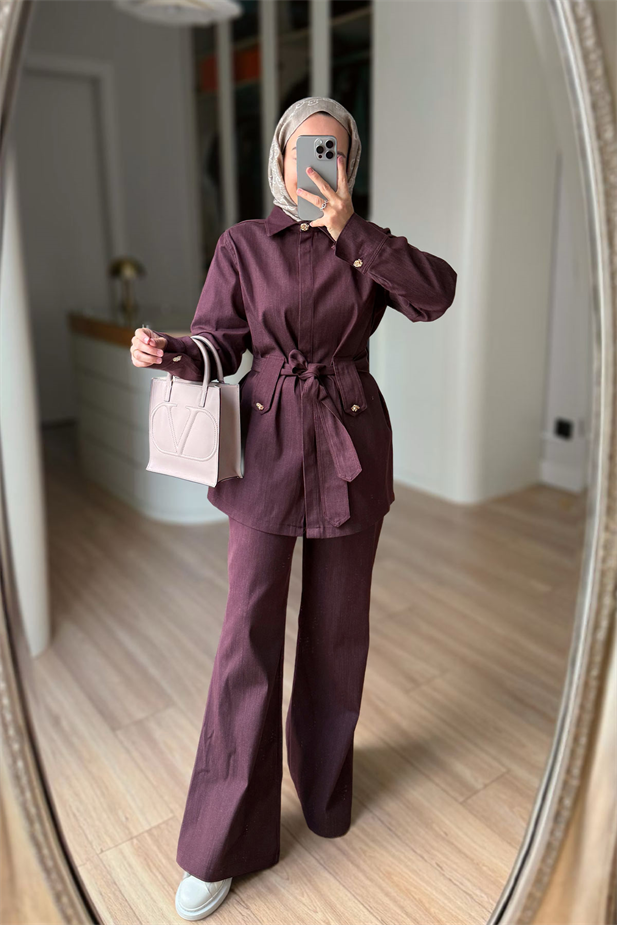 Pelerinli Kot Takım - Bordo