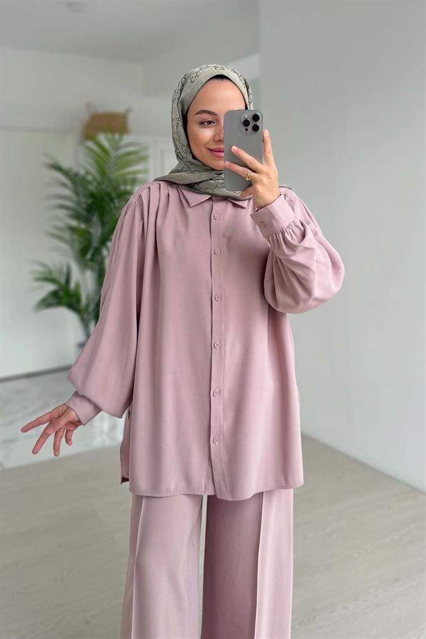 Pile Detaylı İkili Takım - Pembe