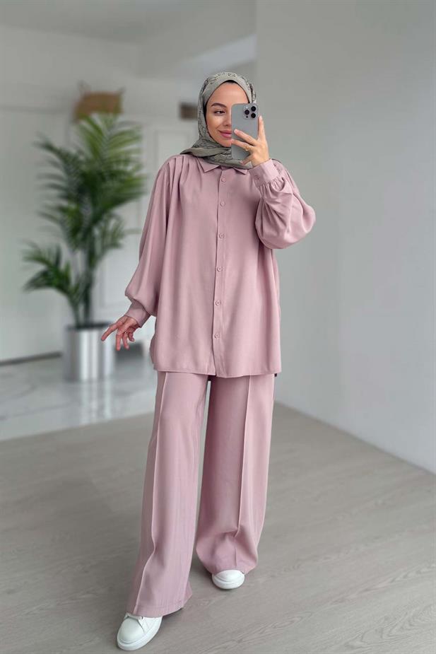 Pile Detaylı İkili Takım - Pembe