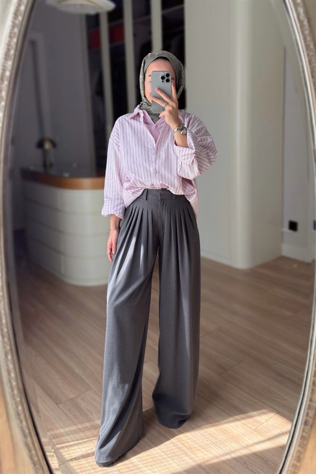 Pileli Pantolon - Gri