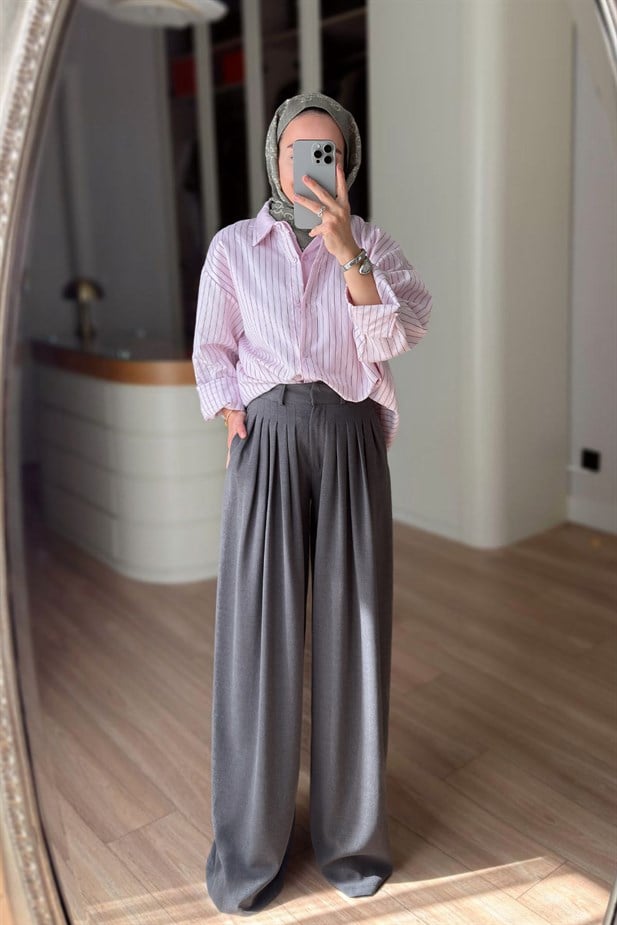 Pileli Pantolon - Gri