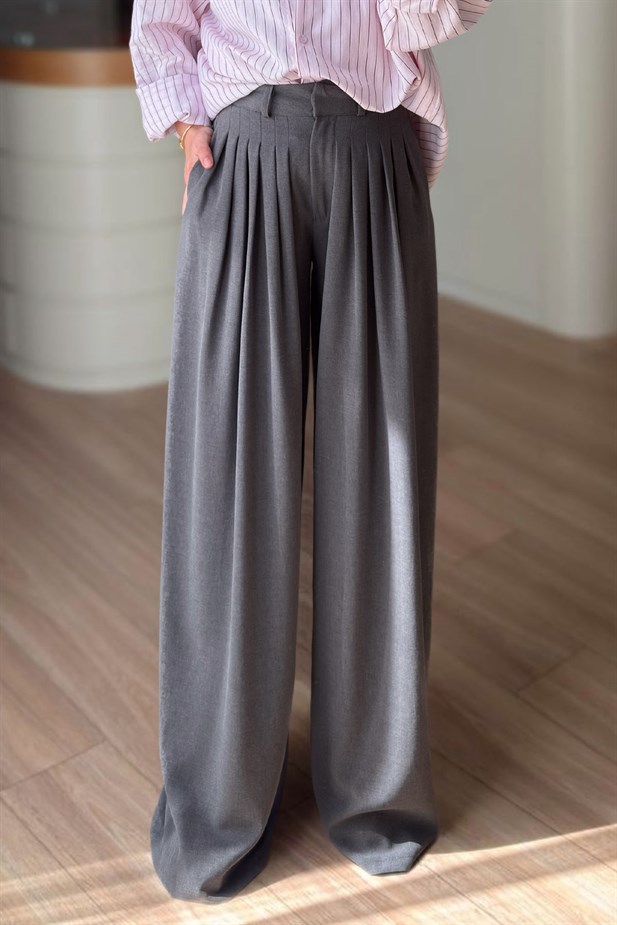 Pileli Pantolon - Gri