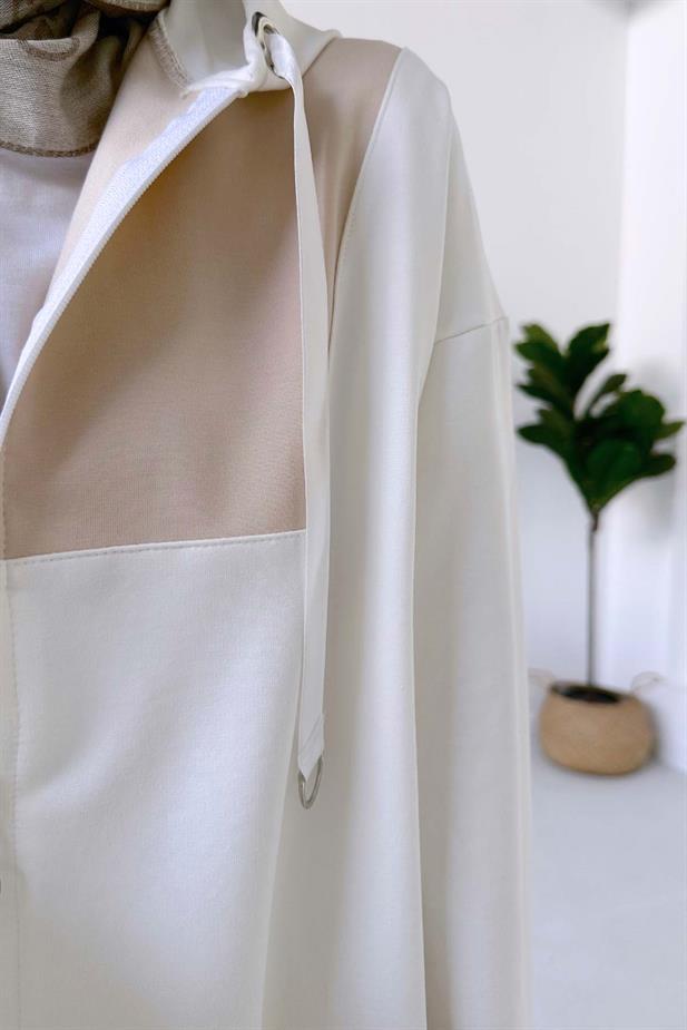 Renk Bloklu Kapüşonlu İki İplik Takım - Bej