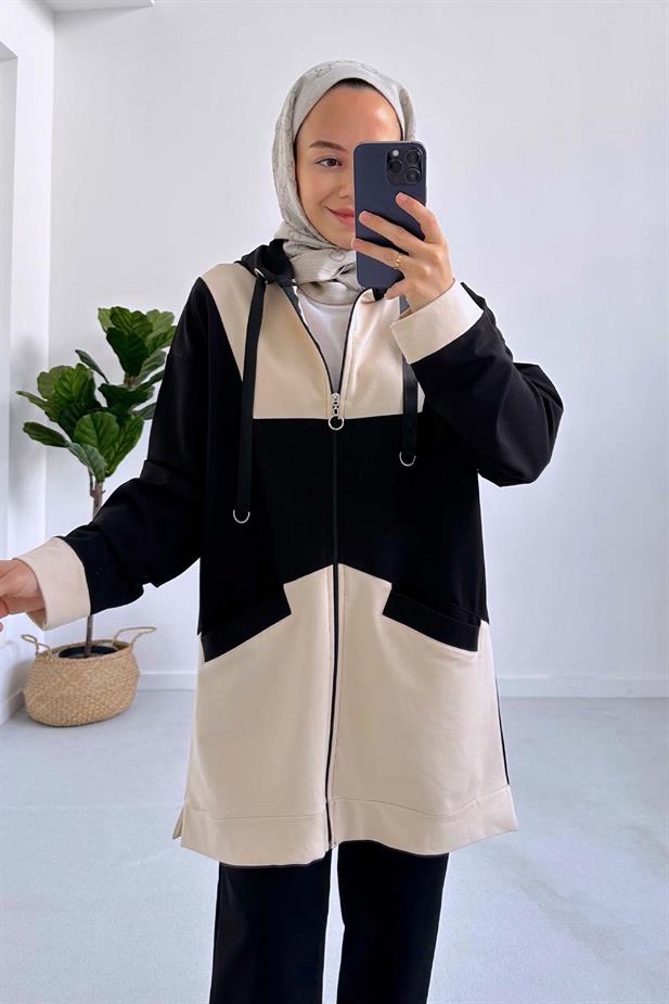 Renk Bloklu Kapüşonlu İki İplik Takım - Siyah