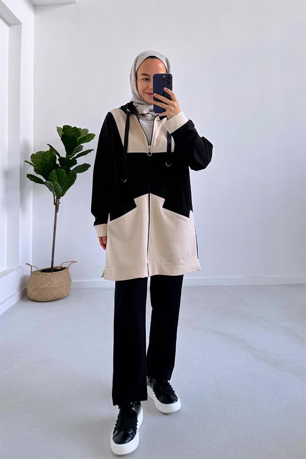 Renk Bloklu Kapüşonlu İki İplik Takım - Siyah