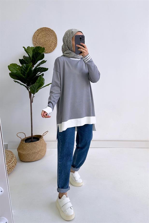 Renkli Merserize Tunik - Gri/Beyaz