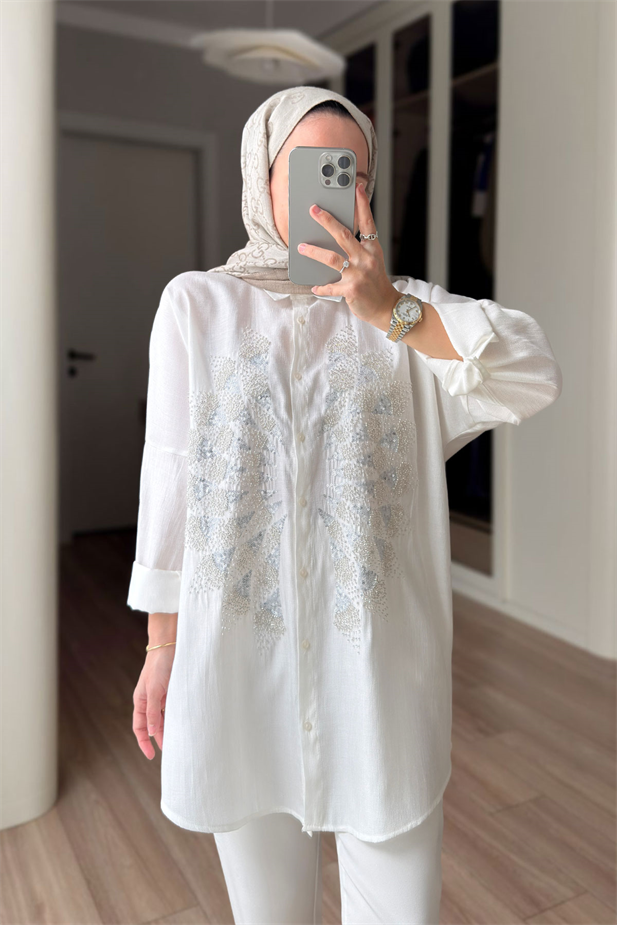 Rose Boncuk İşlemeli Gömlek - Beyaz