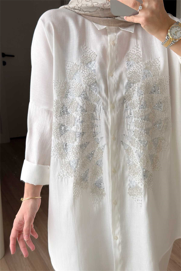 Rose Boncuk İşlemeli Gömlek - Beyaz