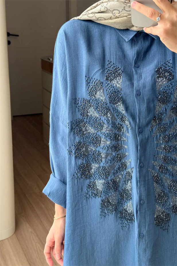 Rose Boncuk İşlemeli Gömlek - İndigo