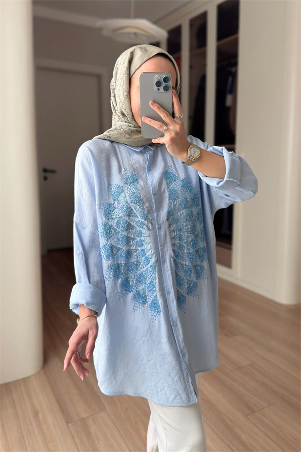 Rose Boncuk İşlemeli Gömlek - Mavi