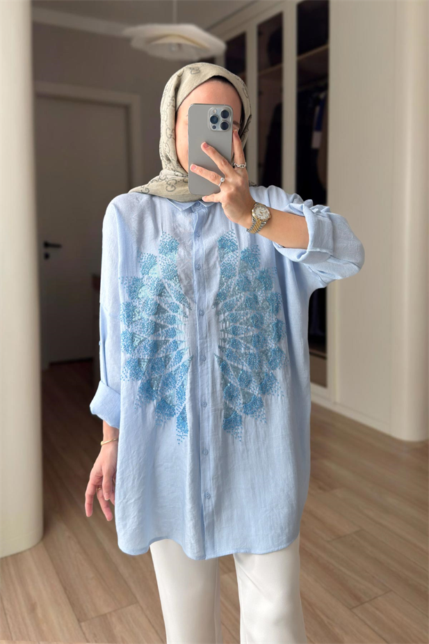 Rose Boncuk İşlemeli Gömlek - Mavi