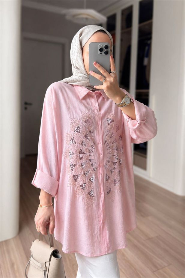 Rose Boncuk İşlemeli Gömlek - Pembe